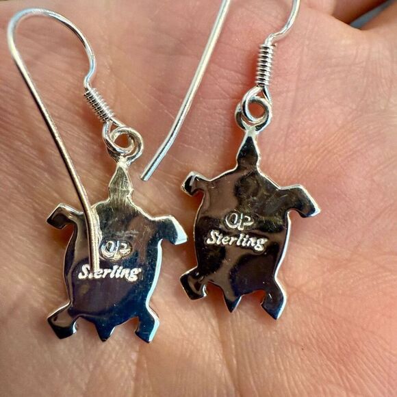 Navajo Made Mojave Purple Turquoise & Opal Turtle Sterling Silver Earrings New - Picture 2 of 5